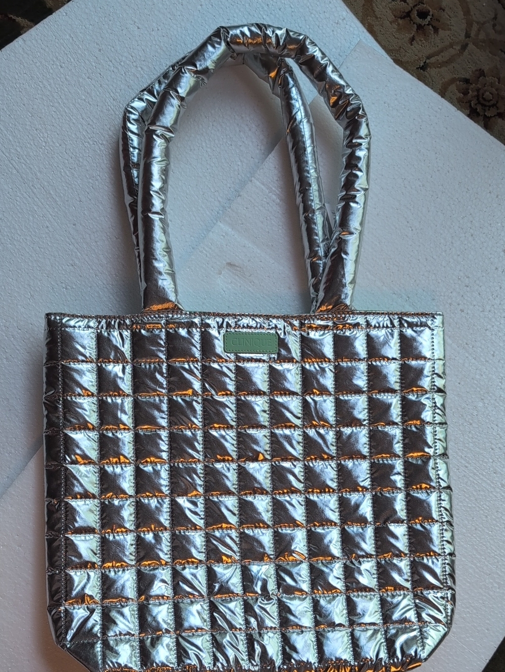 Metallic Silver Quilted Tote Bag - Women's Shiny Shopper